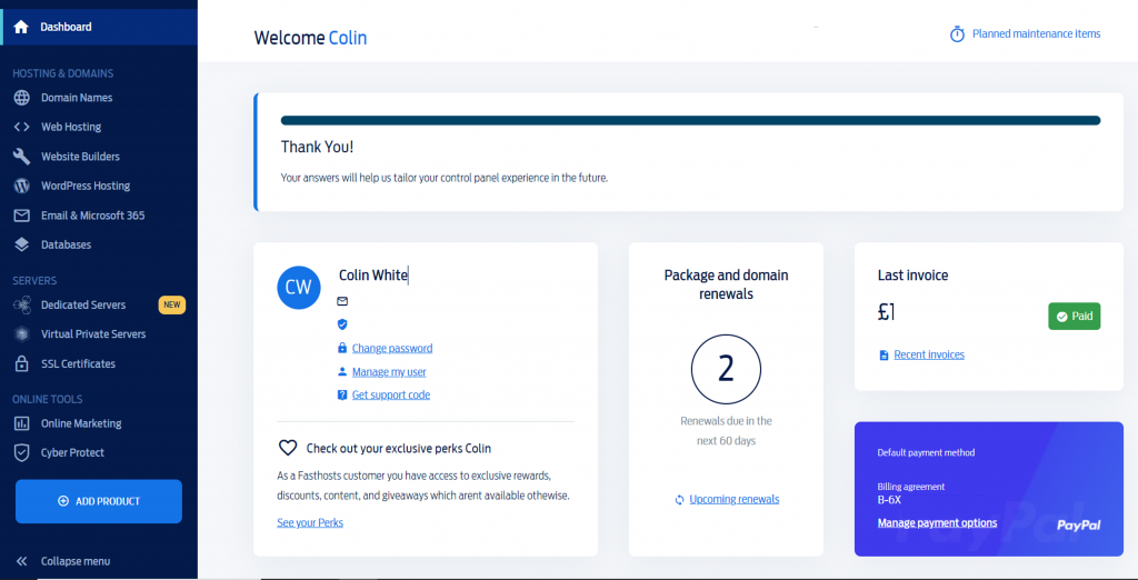 Fasthost dashboard