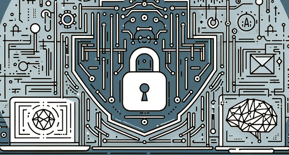 Minimalist wide-format illustration depicting the theme of Data Privacy in AI, featuring abstract geometric shapes and line drawings symbolizing technology and privacy, ideal for an article on ethical AI use in marketing.