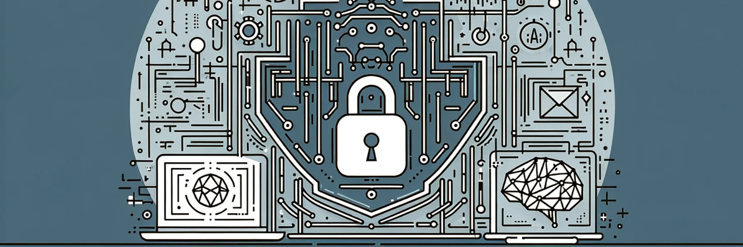 Minimalist wide-format illustration depicting the theme of Data Privacy in AI, featuring abstract geometric shapes and line drawings symbolizing technology and privacy, ideal for an article on ethical AI use in marketing.