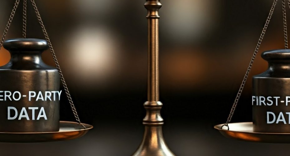An image of a balance scale weighing two objects. On the left, a weight labeled 'Zero-Party Data' appears heavier, lowering that side of the scale. On the right, a lighter weight labeled 'First-Party Data' raises that side of the scale. The image visually represents the comparison between zero-party and first-party data in marketing.