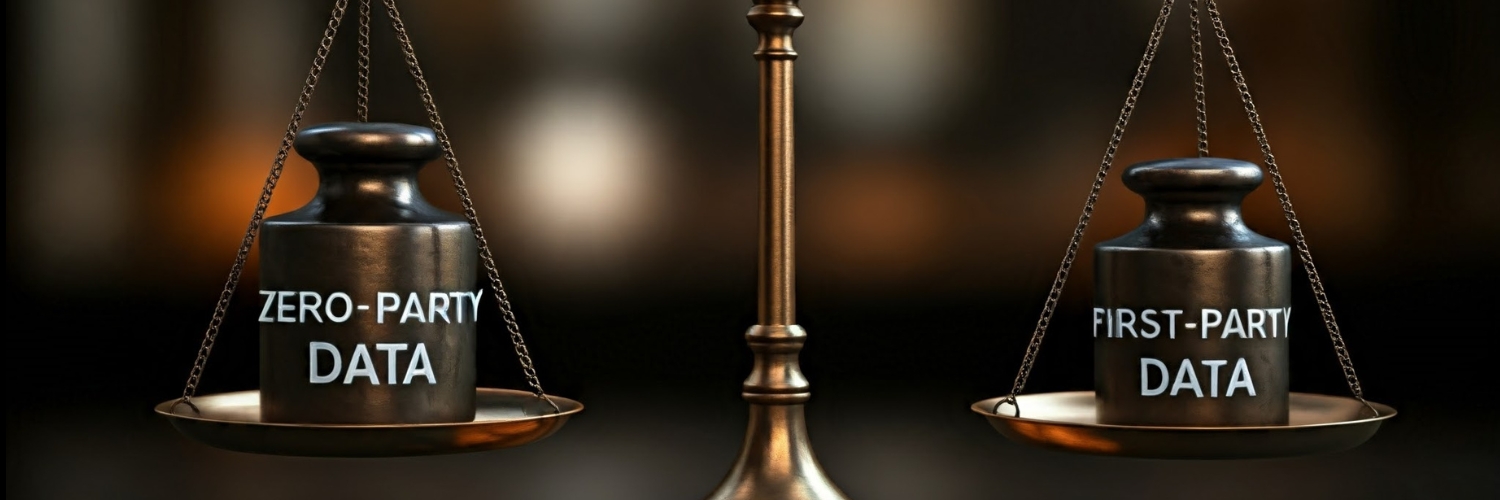 An image of a balance scale weighing two objects. On the left, a weight labeled 'Zero-Party Data' appears heavier, lowering that side of the scale. On the right, a lighter weight labeled 'First-Party Data' raises that side of the scale. The image visually represents the comparison between zero-party and first-party data in marketing.