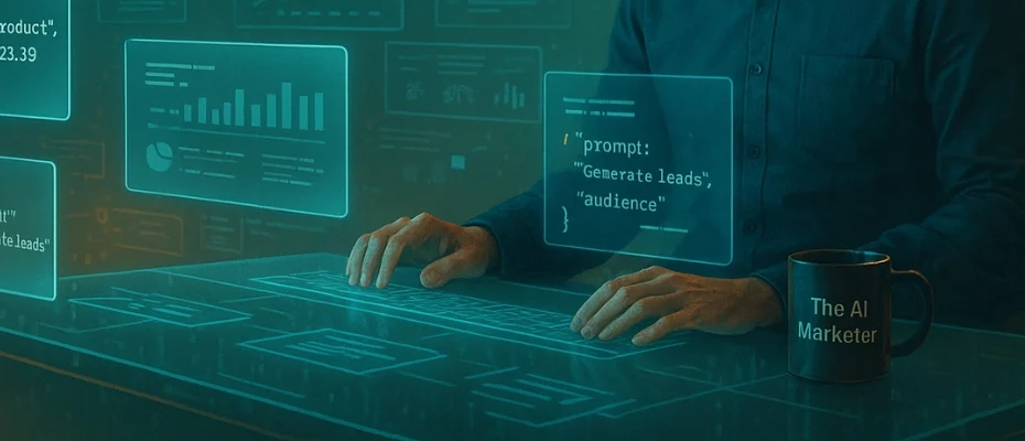 Marketer using holographic interface with JSON data prompts and analytics charts,