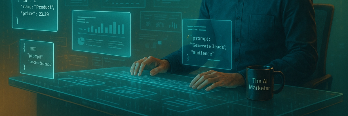 Marketer using holographic interface with JSON data prompts and analytics charts,