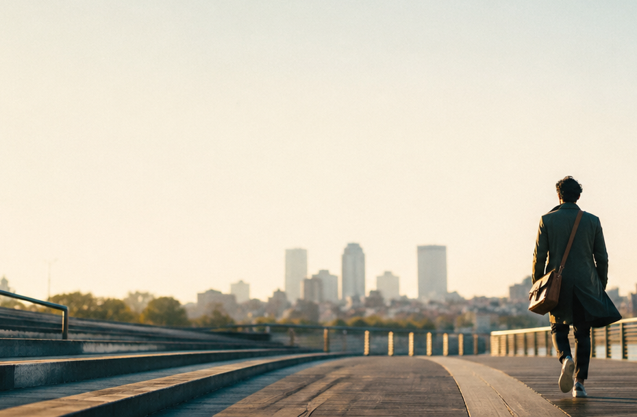 Cinematic image of a lone professional walking along a riverside boardwalk toward a city skyline, used as a header for content about AI in marketing, purpose, and the future of work.