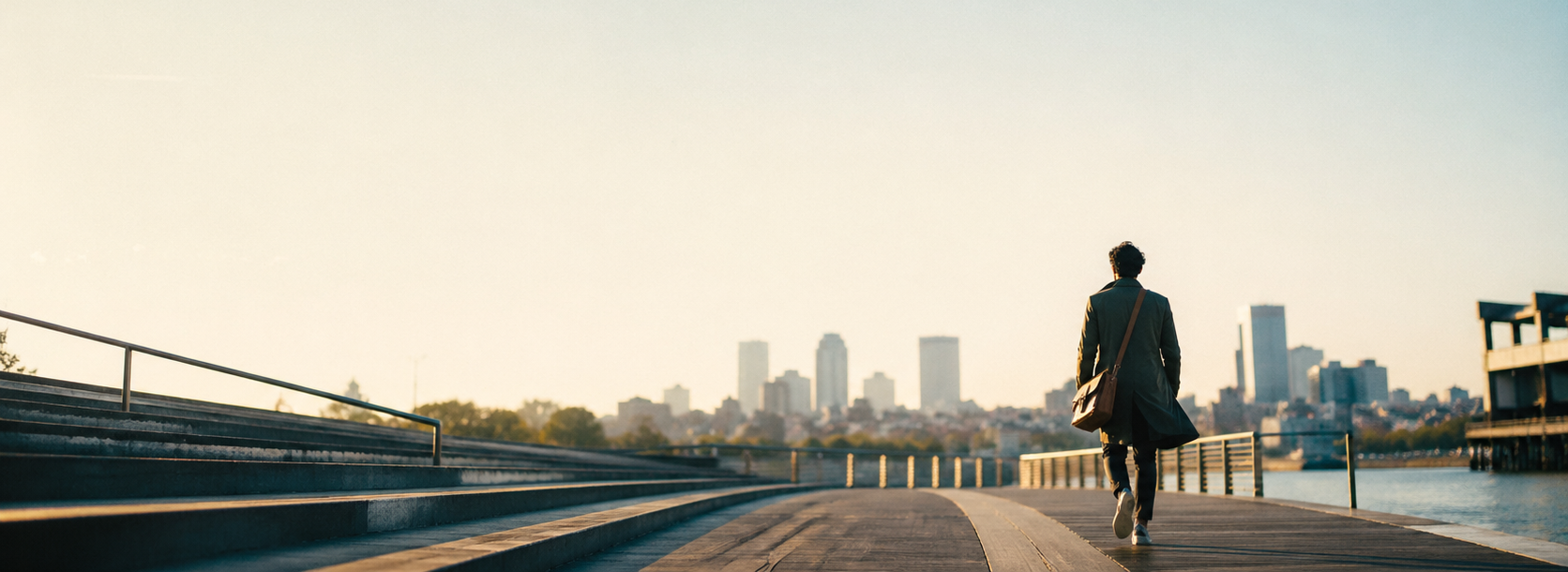Cinematic image of a lone professional walking along a riverside boardwalk toward a city skyline, used as a header for content about AI in marketing, purpose, and the future of work.