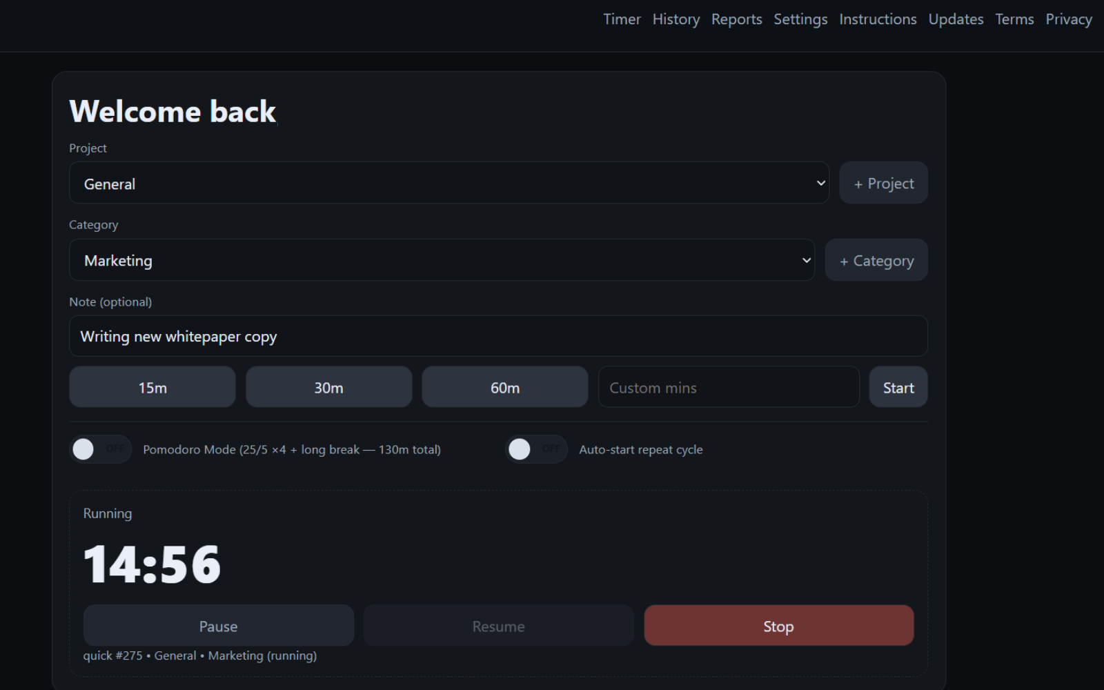 FlowQuota timer dashboard screenshot showing a running 15-minute session for the General project and Marketing category, with the note “Writing new whitepaper copy” and 14 minutes 56 seconds remaining.
