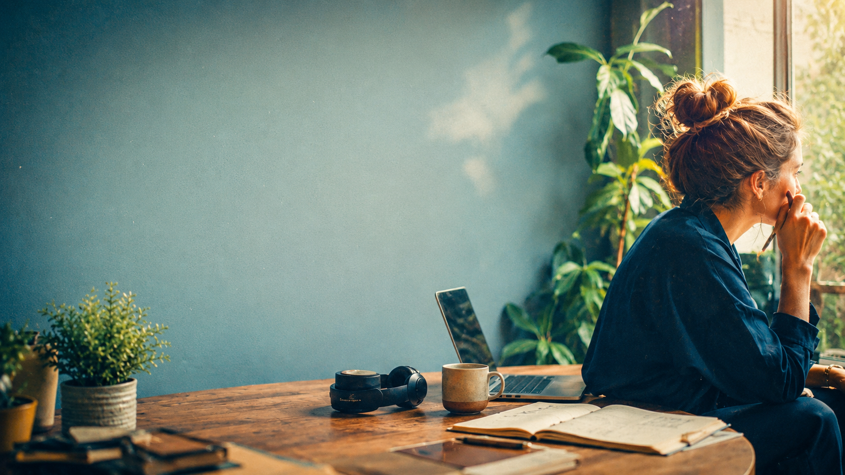 Editorial header image showing a marketer sitting at a desk by a window, reflecting beside a laptop, notebook, headphones, and coffee, used for an article about deep work and staying strategic in an AI-saturated workplace.