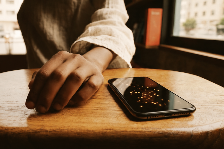 Warm cinematic image of a hand beside a smartphone on a café table, representing customer behavioural signals and AI-driven marketing insight.