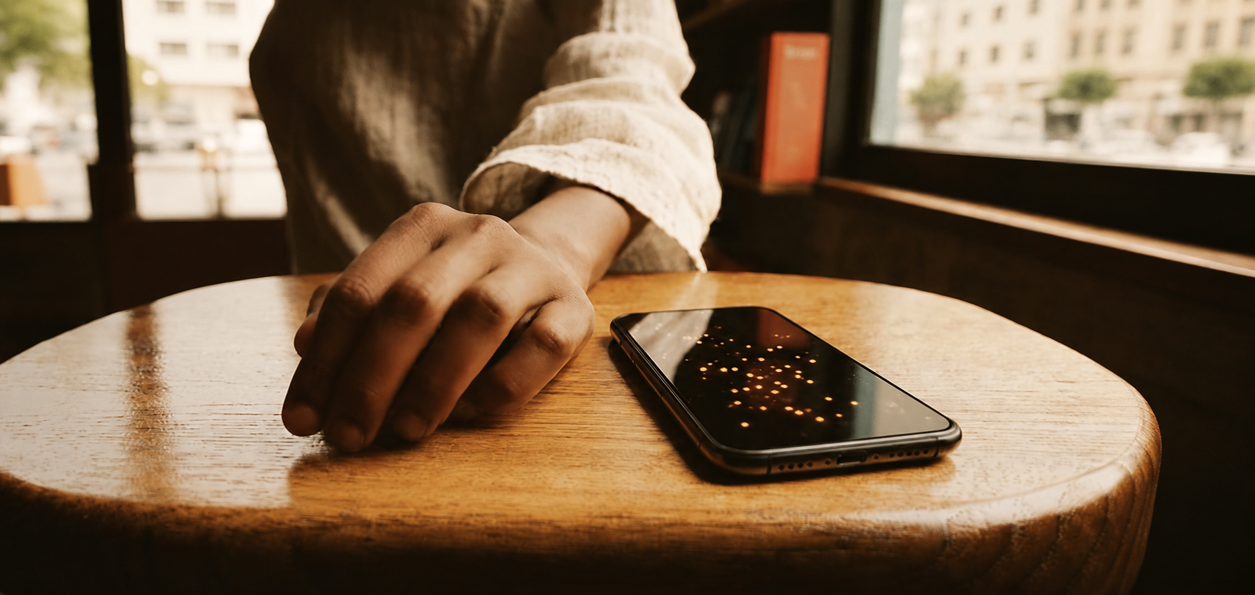 Warm cinematic image of a hand beside a smartphone on a café table, representing customer behavioural signals and AI-driven marketing insight.