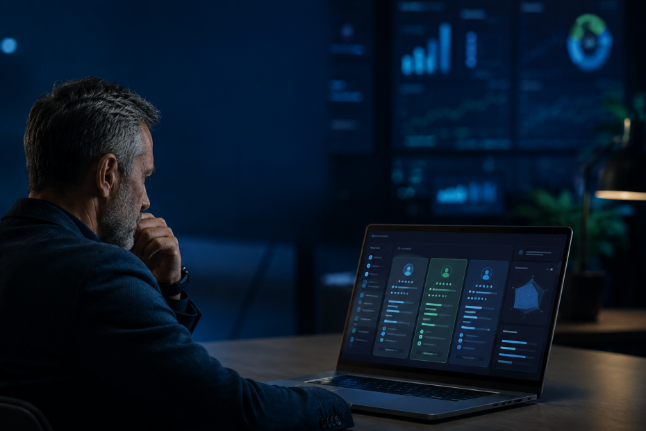 Senior B2B marketer reviewing an abstract AI-generated vendor shortlist on a laptop in a dark blue office with blurred CRM dashboards in the background.