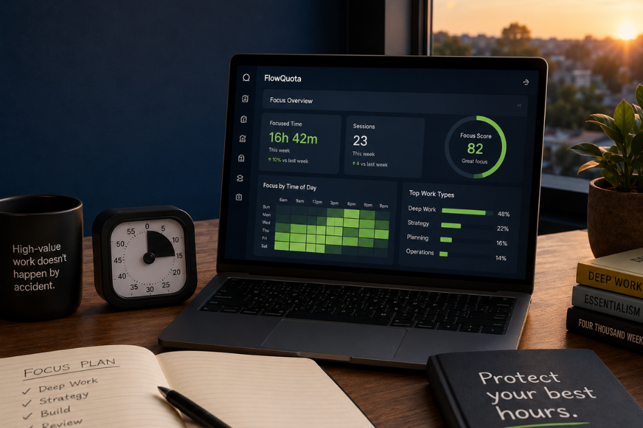Warm photo-style workspace with a laptop showing a FlowQuota productivity dashboard, a timer, notebook, coffee mug and books, representing focused work and personal productivity insight.