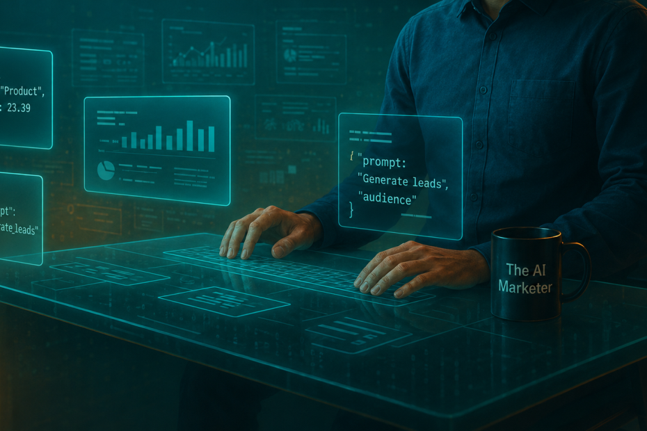 Marketer using holographic interface with JSON data prompts and analytics charts,