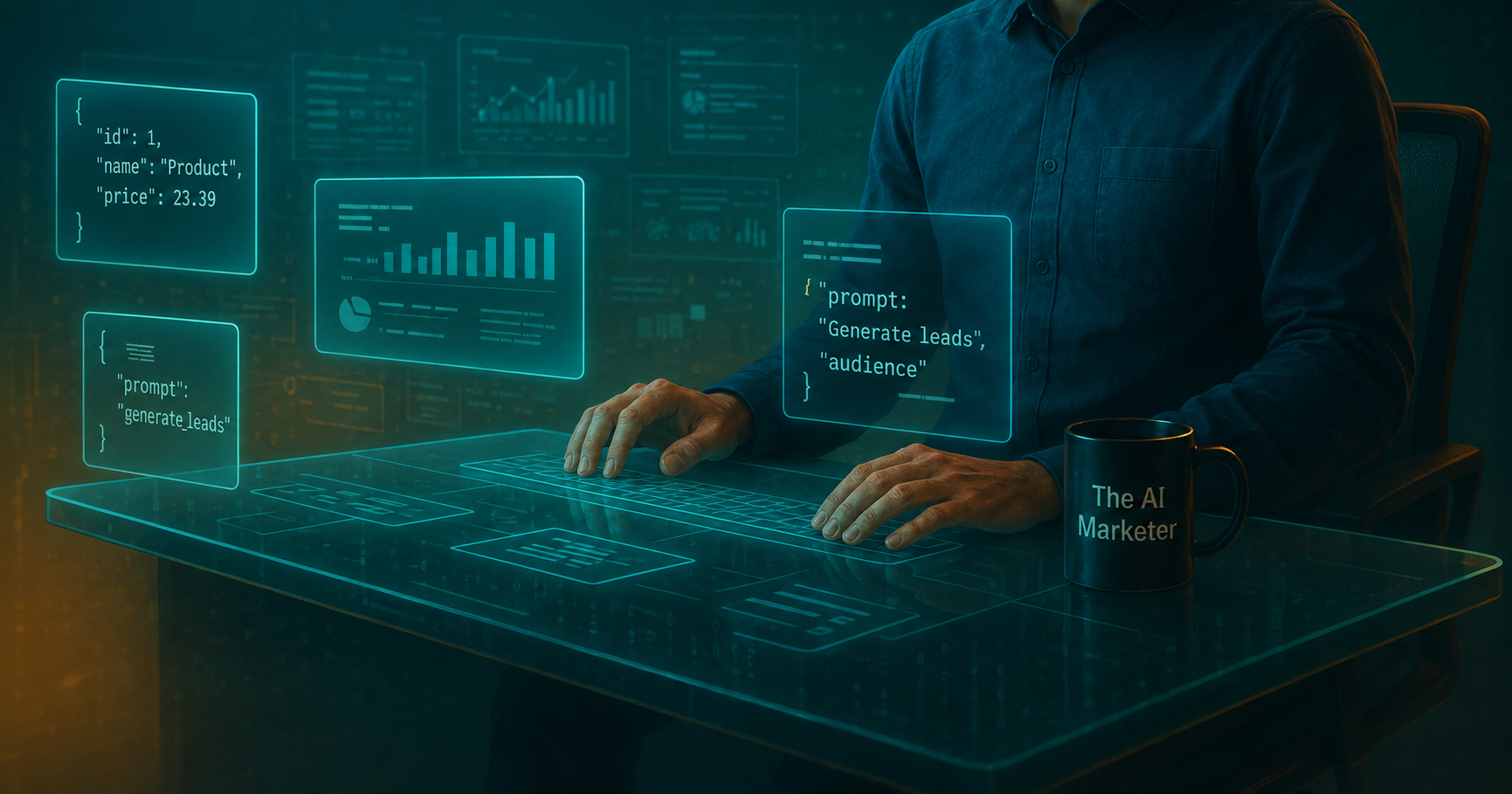Marketer using holographic interface with JSON data prompts and analytics charts,