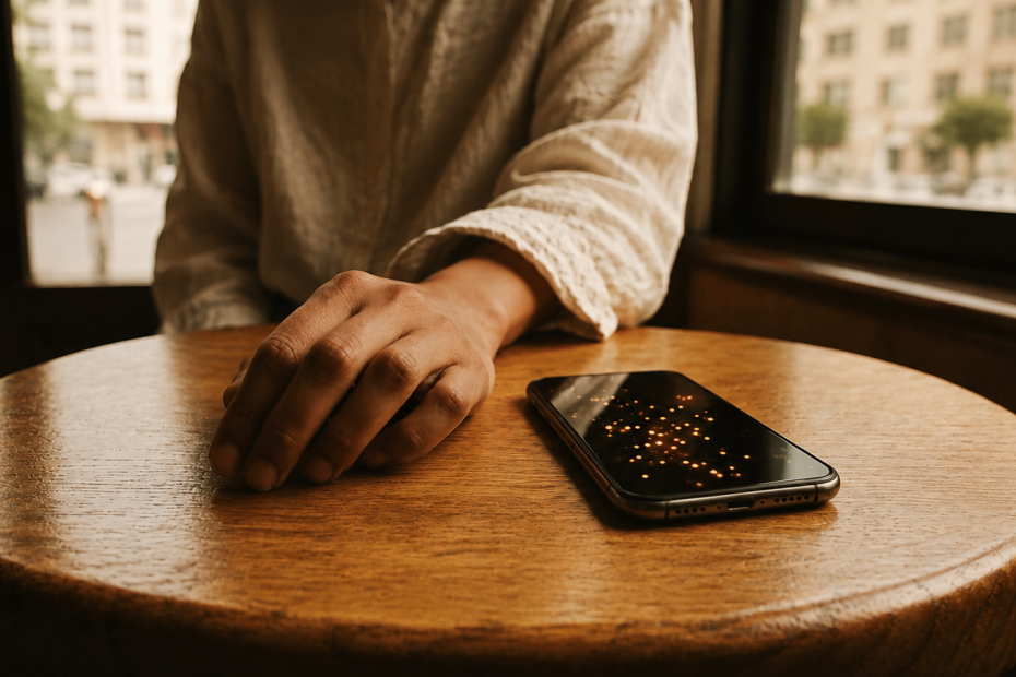 Warm cinematic image of a hand beside a smartphone on a café table, representing customer behavioural signals and AI-driven marketing insight.