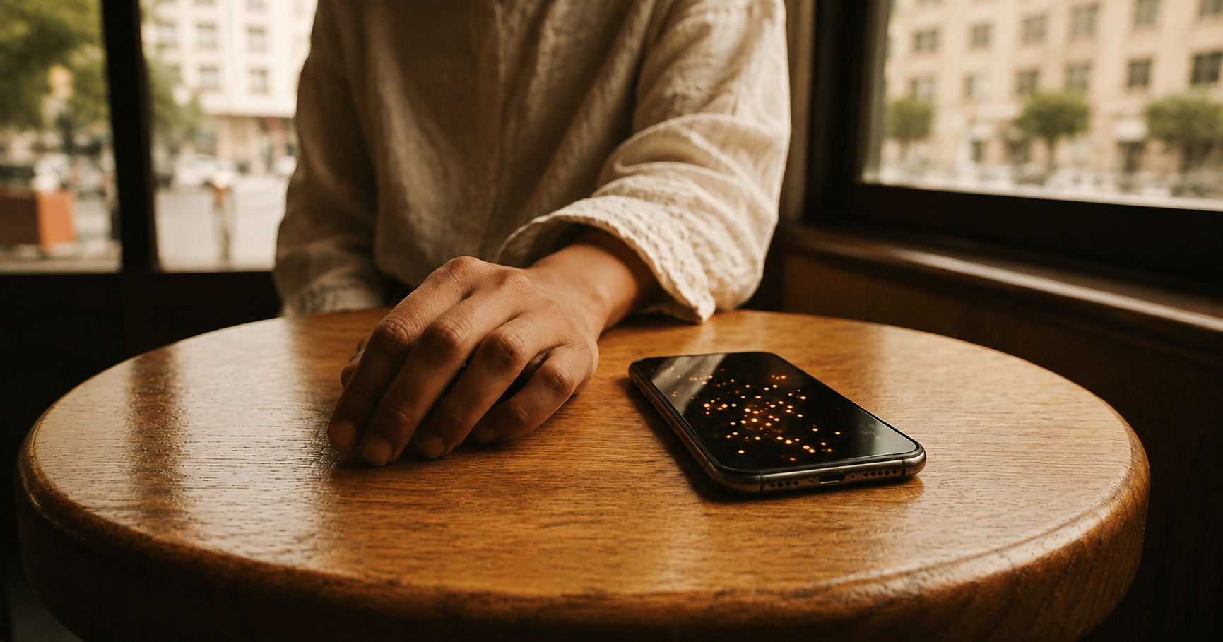 Warm cinematic image of a hand beside a smartphone on a café table, representing customer behavioural signals and AI-driven marketing insight.
