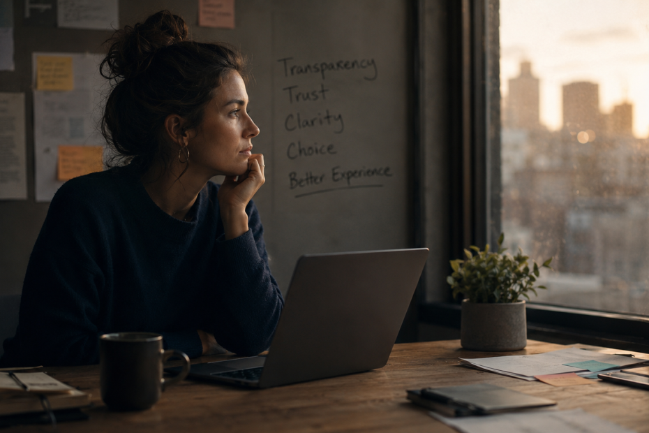 Marketer working at a desk beside notes reading transparency, trust, clarity, choice, and better experience, illustrating AI transparency in marketing.