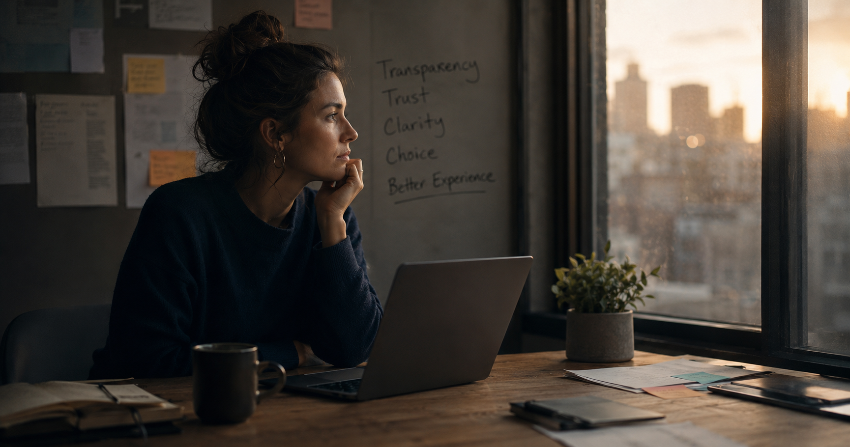 Marketer working at a desk beside notes reading transparency, trust, clarity, choice, and better experience, illustrating AI transparency in marketing.