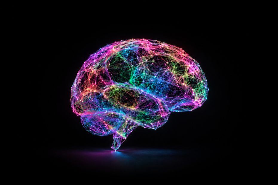 Colourful digital brain formed from interconnected neural network lines on a black background, representing artificial intelligence, machine learning, and AI-powered marketing technology.