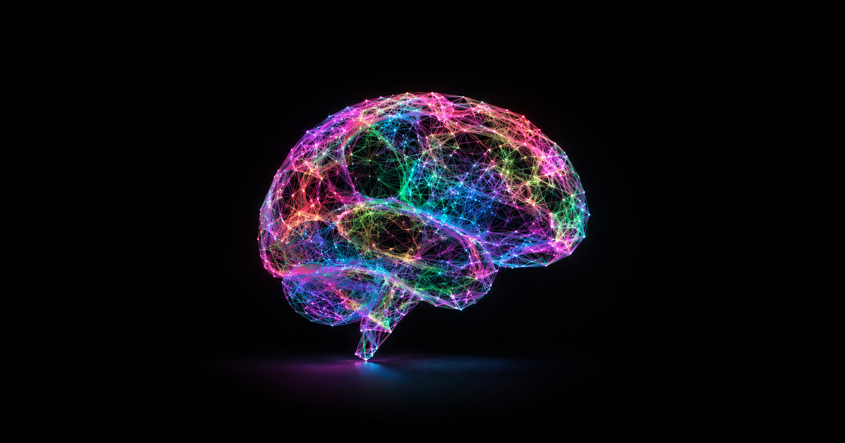 Colourful digital brain formed from interconnected neural network lines on a black background, representing artificial intelligence, machine learning, and AI-powered marketing technology.