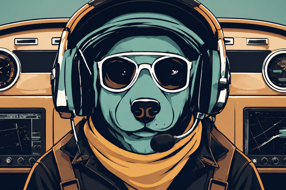 Illustration of a dog wearing a headset and sunglasses in a cockpit, representing AI marketing copilots that assist marketers with content, personalisation, automation, and campaign optimisation.