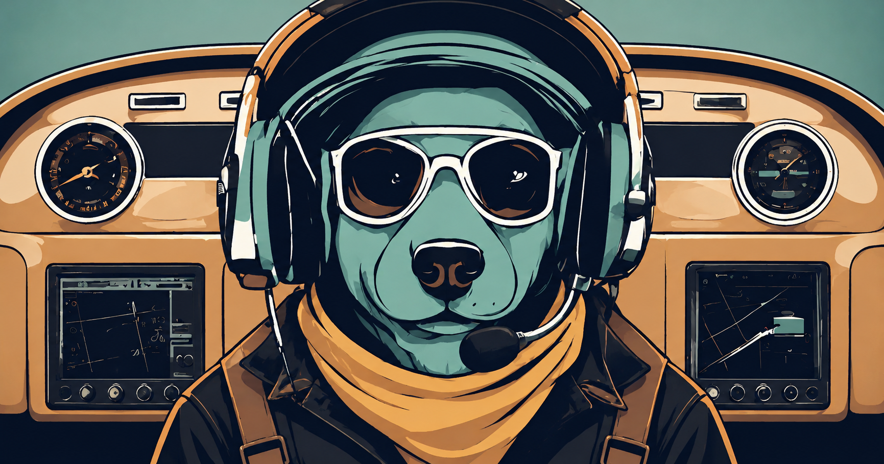 Illustration of a dog wearing a headset and sunglasses in a cockpit, representing AI marketing copilots that assist marketers with content, personalisation, automation, and campaign optimisation.