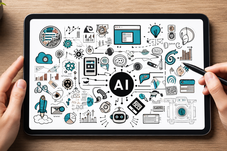 Tablet displaying AI marketing tools, analytics, automation, content and technology icons, representing how artificial intelligence fits across the modern MarTech stack.