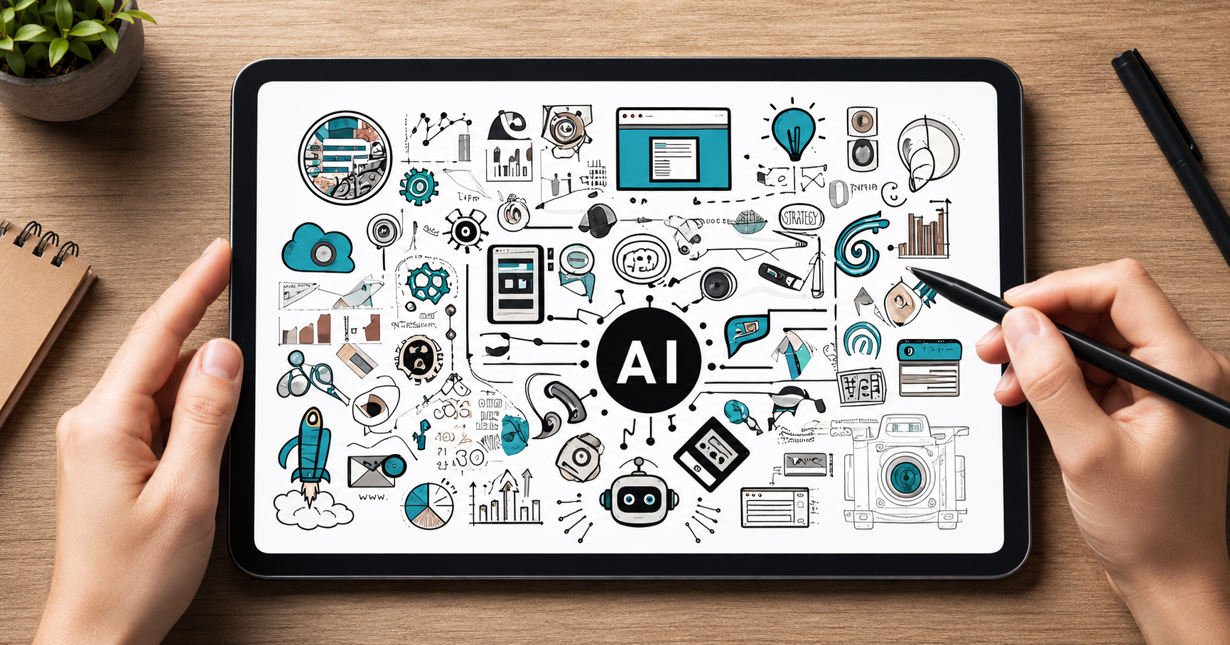 Tablet displaying AI marketing tools, analytics, automation, content and technology icons, representing how artificial intelligence fits across the modern MarTech stack.