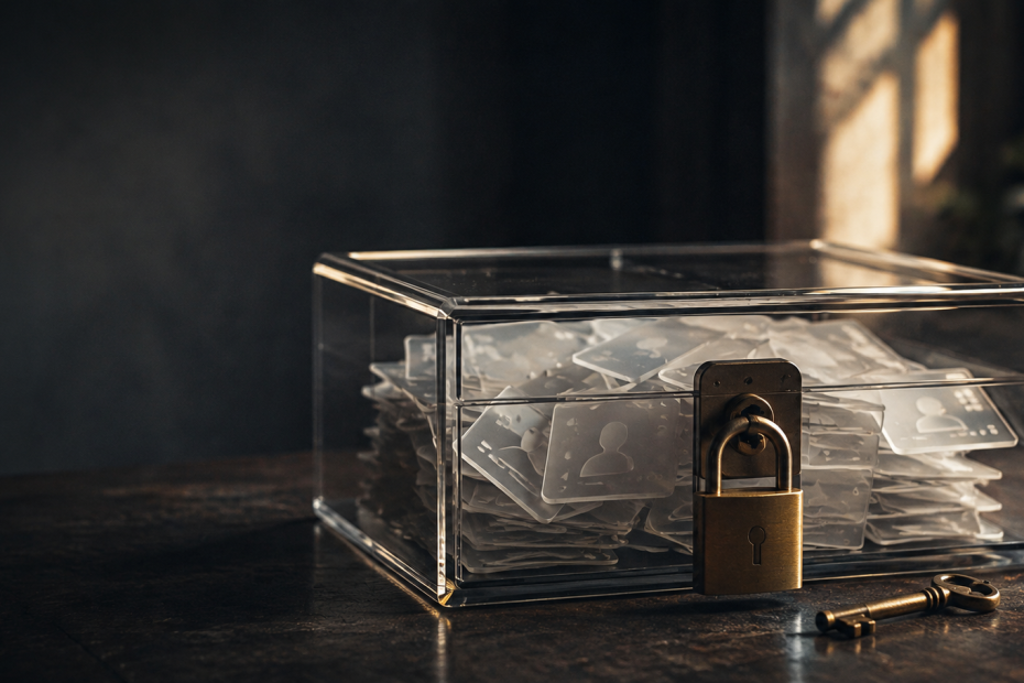 Locked transparent box filled with customer profile cards, representing secure first-party data, customer privacy, consent, and responsible data use in marketing.