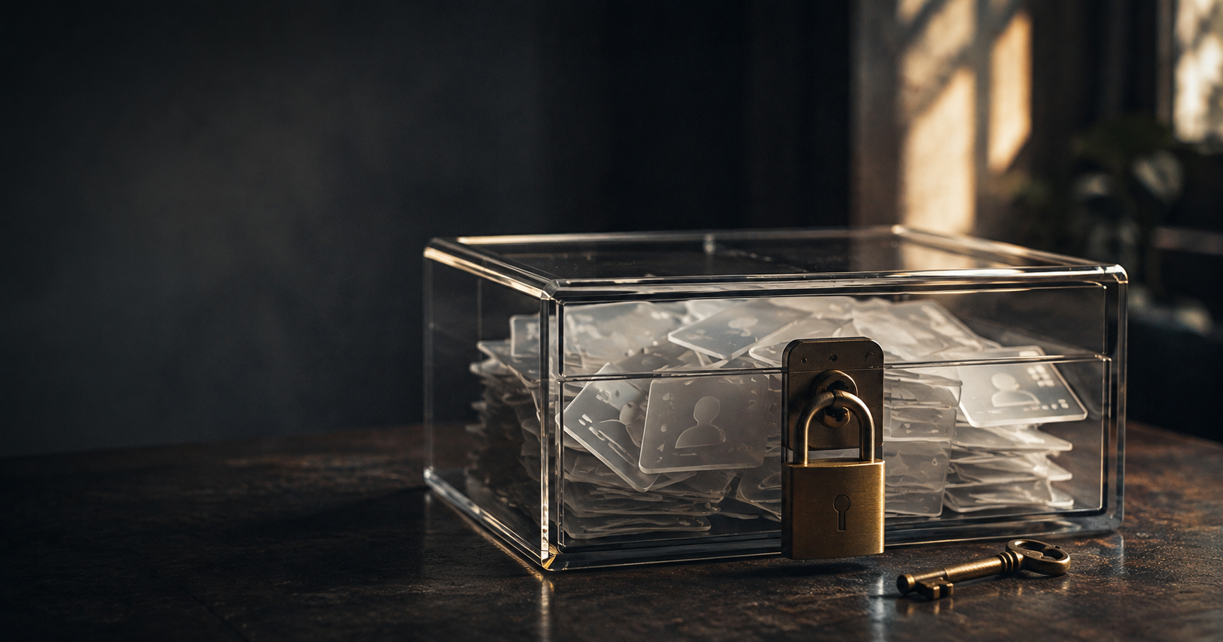 Locked transparent box filled with customer profile cards, representing secure first-party data, customer privacy, consent, and responsible data use in marketing.