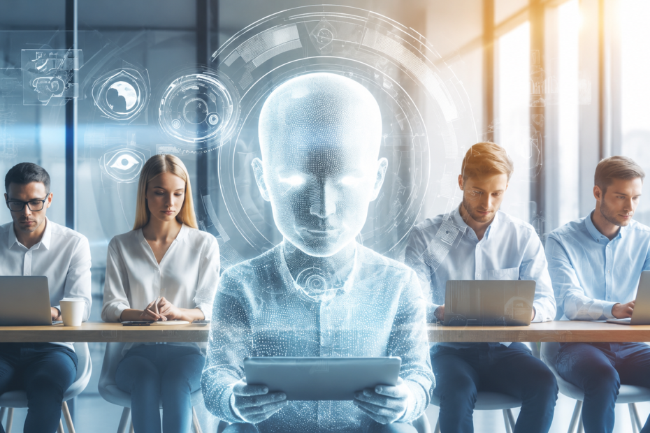 Modern marketers in an office with transparent overlay to depict at AI future