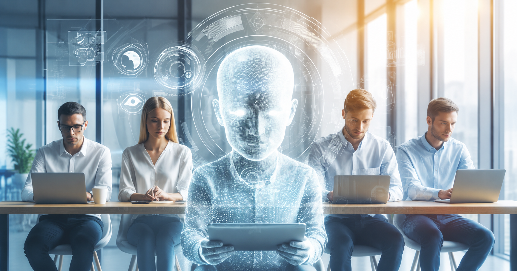Modern marketers in an office with transparent overlay to depict at AI future
