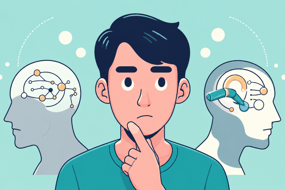 Illustration of a marketer thinking between two AI-themed profiles, representing data analysis, natural language processing, and machine learning skills for AI marketing.