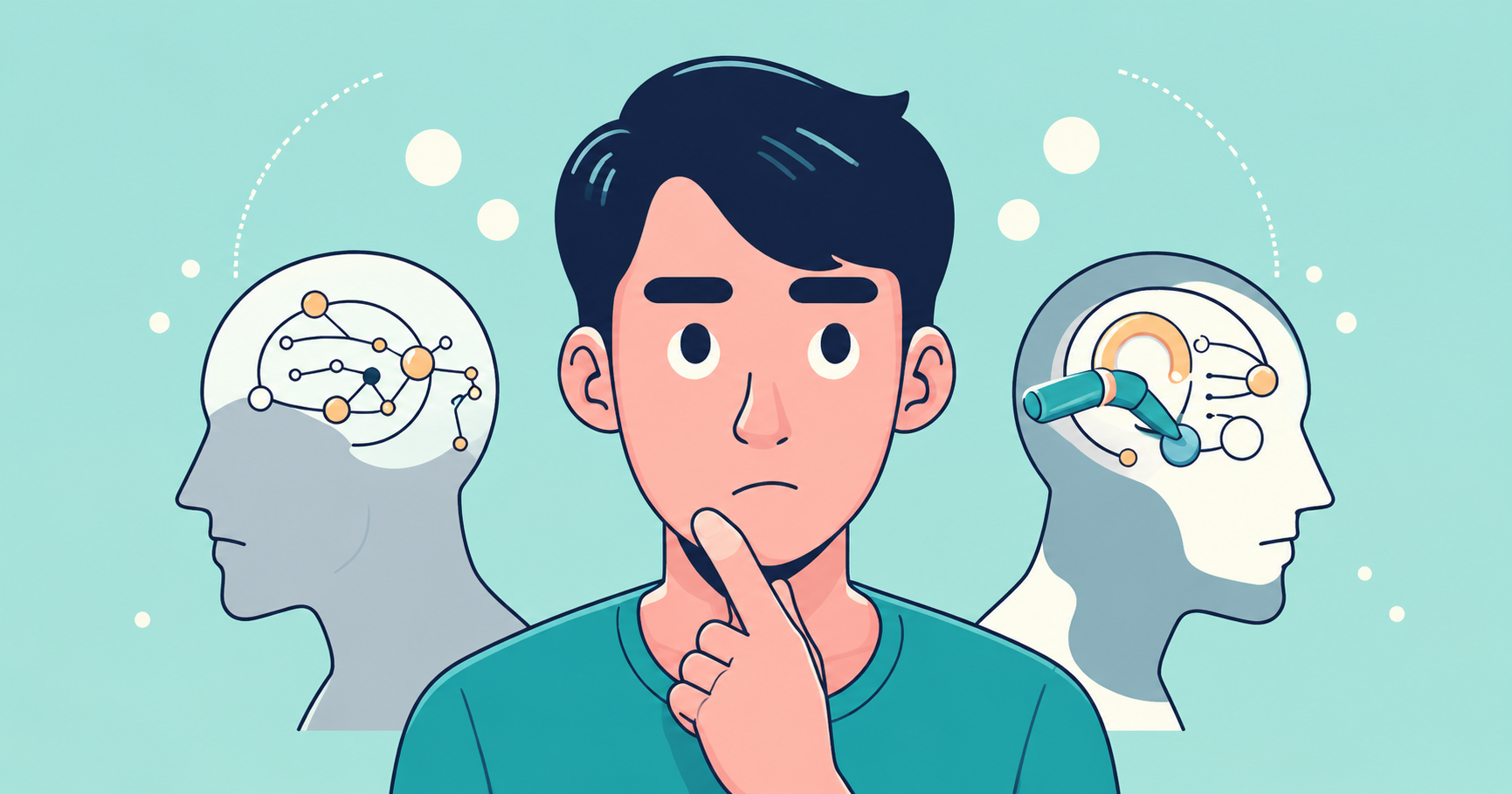 Illustration of a marketer thinking between two AI-themed profiles, representing data analysis, natural language processing, and machine learning skills for AI marketing.