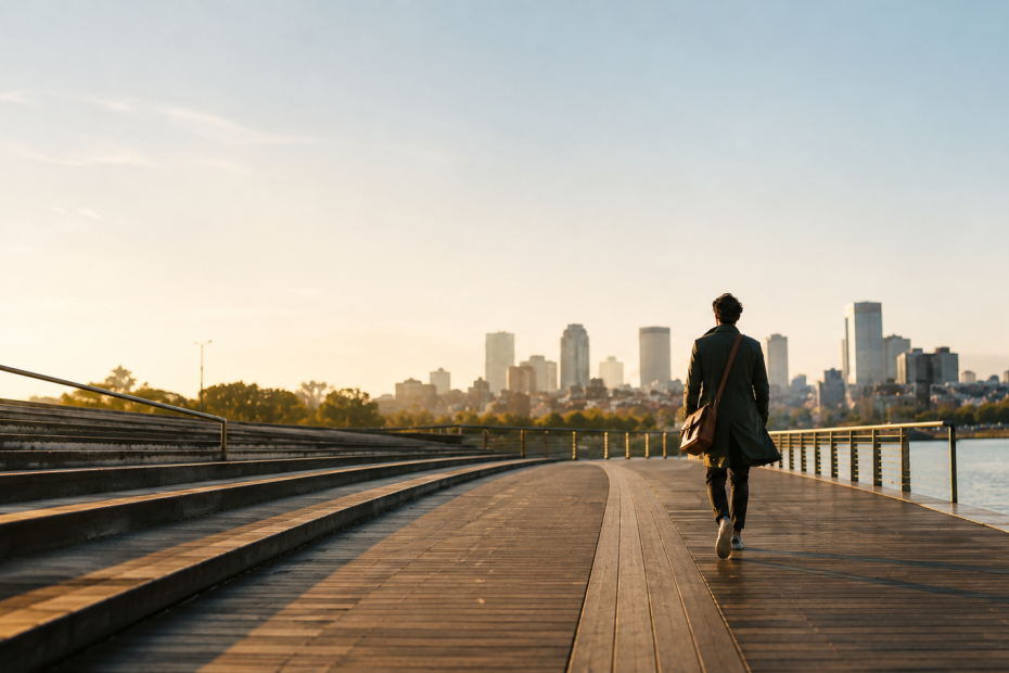 Cinematic image of a lone professional walking along a riverside boardwalk toward a city skyline, used as a header for content about AI in marketing, purpose, and the future of work.