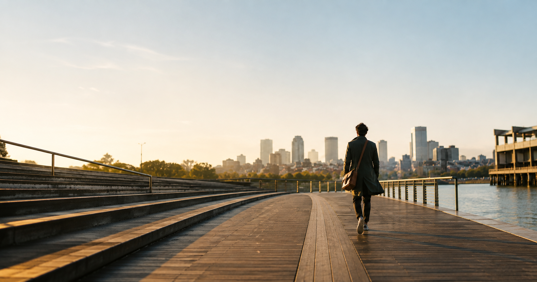 Cinematic image of a lone professional walking along a riverside boardwalk toward a city skyline, used as a header for content about AI in marketing, purpose, and the future of work.
