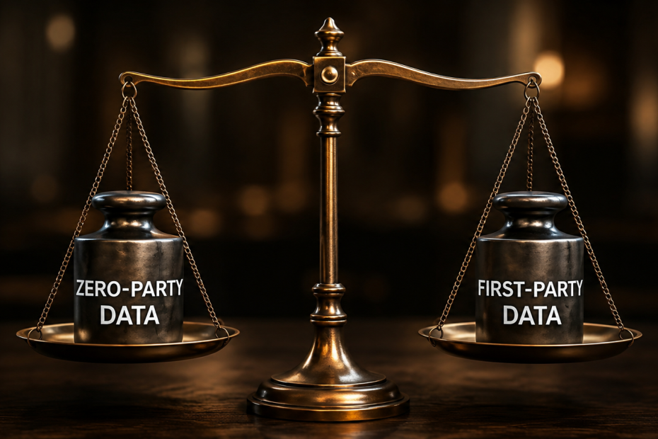 An image of a balance scale weighing two objects. On the left, a weight labeled 'Zero-Party Data' appears heavier, lowering that side of the scale. On the right, a lighter weight labeled 'First-Party Data' raises that side of the scale. The image visually represents the comparison between zero-party and first-party data in marketing.