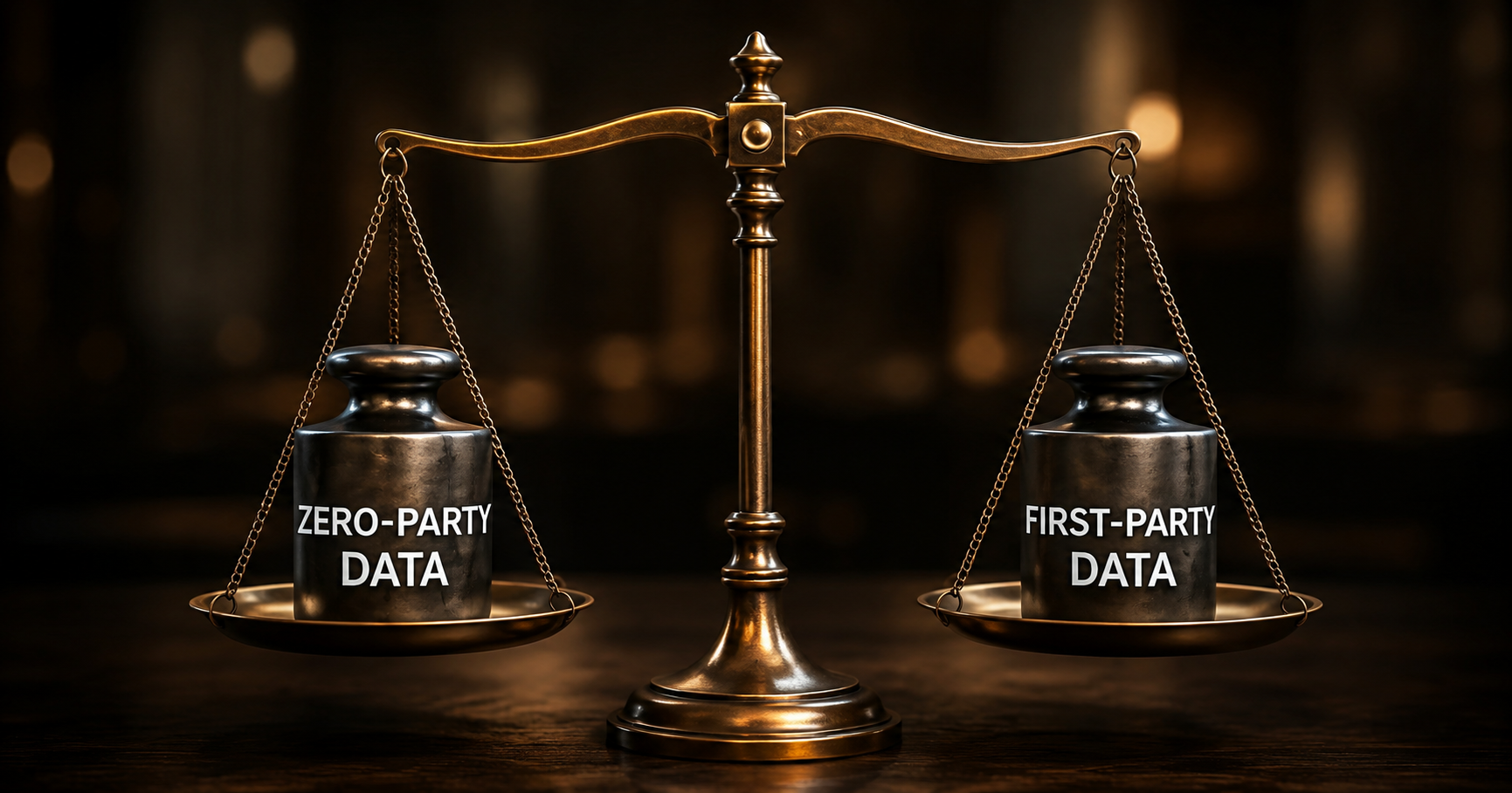 An image of a balance scale weighing two objects. On the left, a weight labeled 'Zero-Party Data' appears heavier, lowering that side of the scale. On the right, a lighter weight labeled 'First-Party Data' raises that side of the scale. The image visually represents the comparison between zero-party and first-party data in marketing.