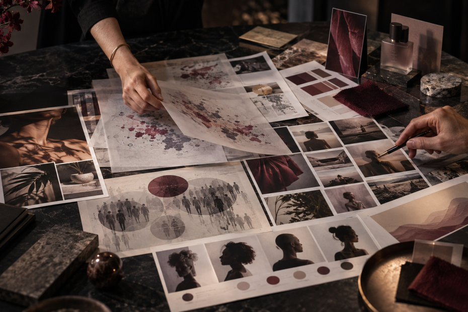 Creative marketing team reviewing mood boards, customer profiles, colour palettes, and campaign concepts, representing AI-powered creative strategy, audience insight, and personalised marketing.