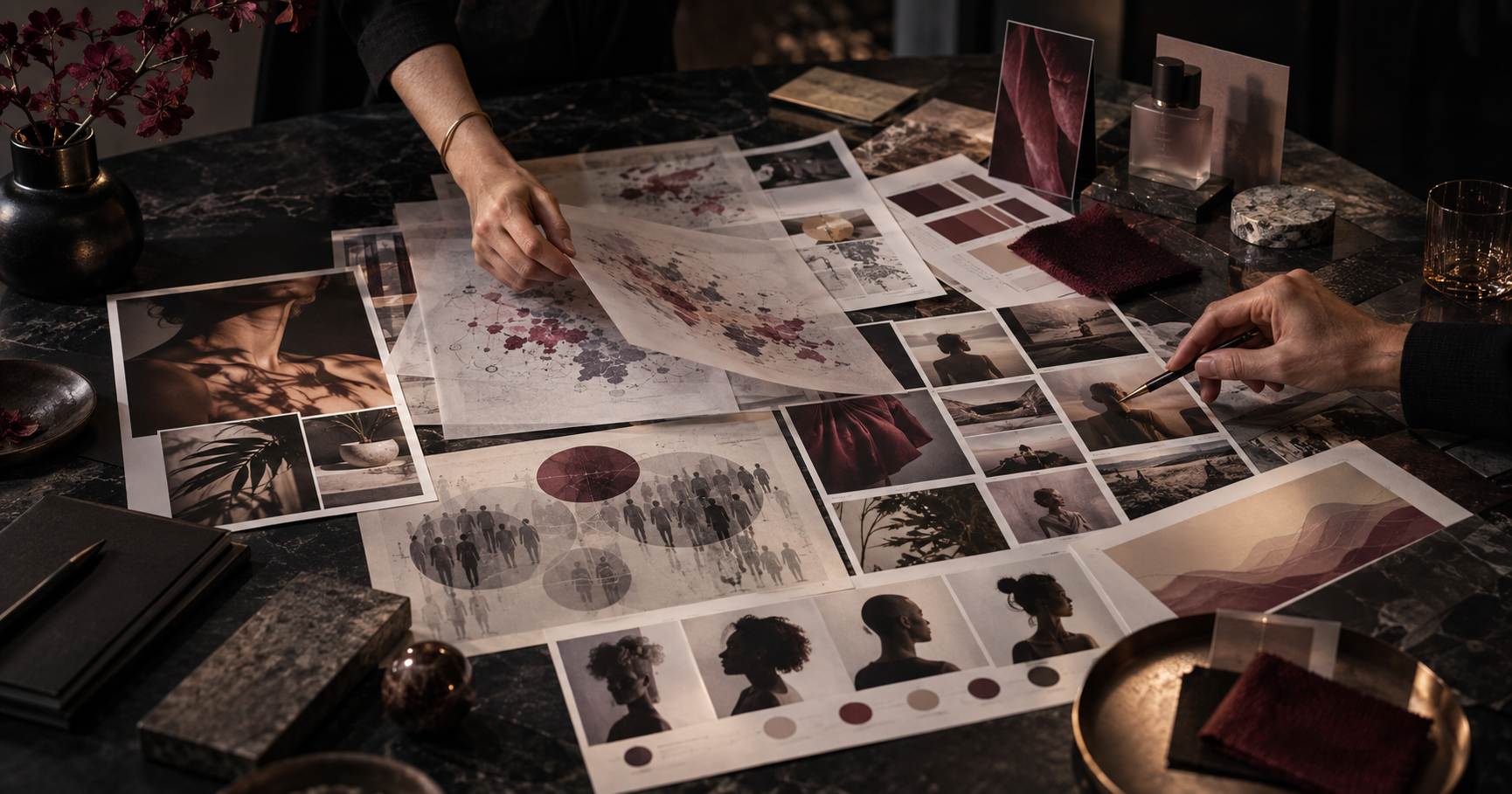 Creative marketing team reviewing mood boards, customer profiles, colour palettes, and campaign concepts, representing AI-powered creative strategy, audience insight, and personalised marketing.