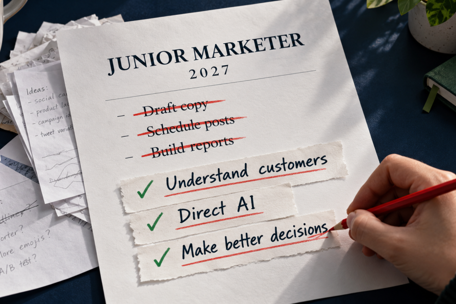 A junior marketer’s 2027 job description, with routine tasks crossed out and replaced by customer understanding, AI direction and better decisions.