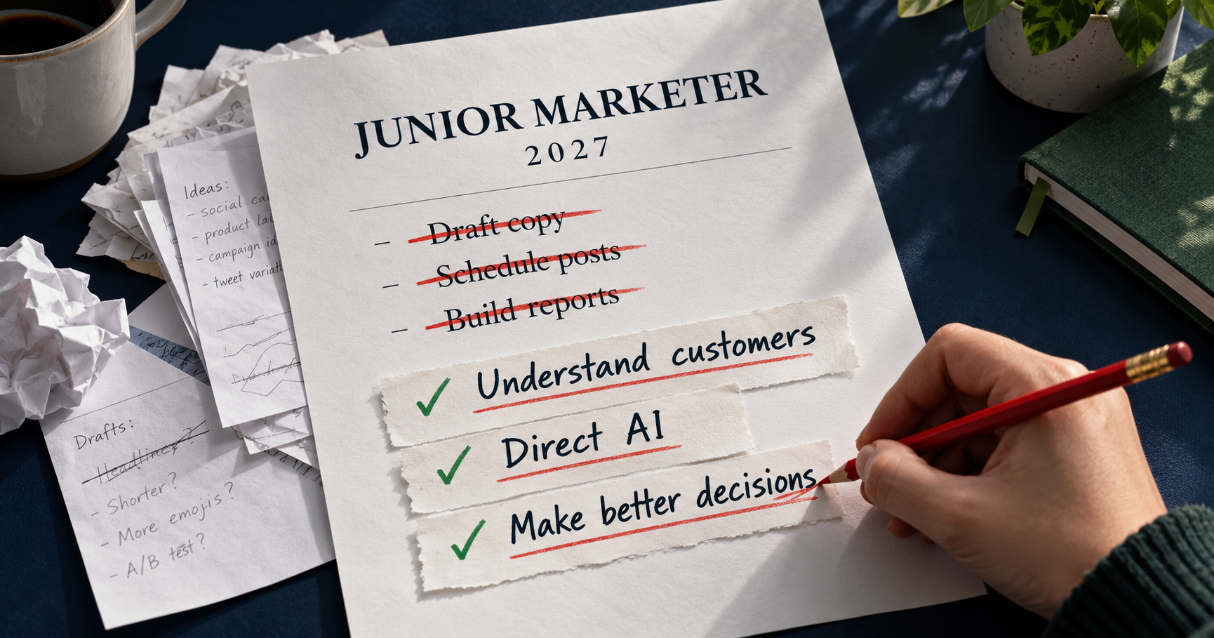 A junior marketer’s 2027 job description, with routine tasks crossed out and replaced by customer understanding, AI direction and better decisions.